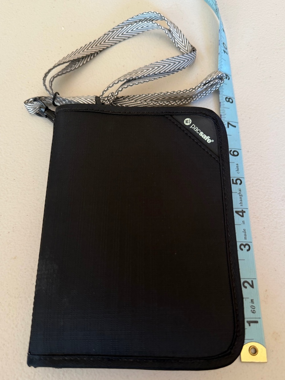 Pacsafe Black Travel RFID Neck Wallet with Gray Woven Strap